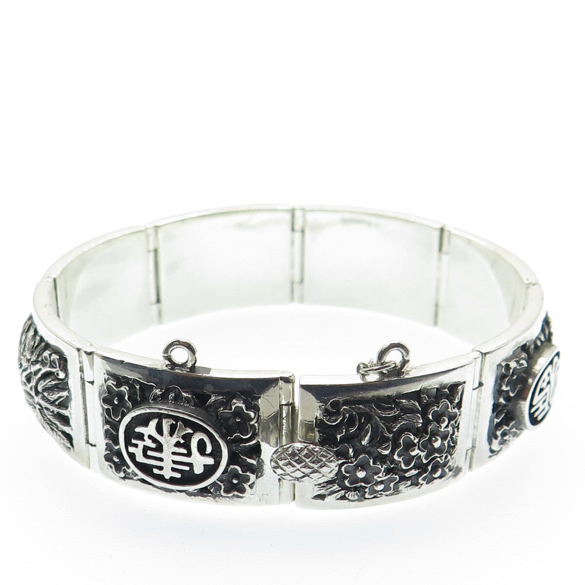 925 Sterling Silver Antique Chinese Character Lotus Oxidized Panel Bracelet 7"