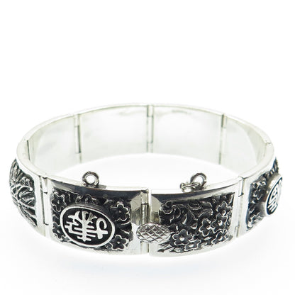 925 Sterling Silver Antique Chinese Character Lotus Oxidized Panel Bracelet 7"