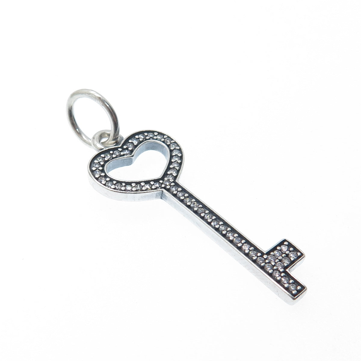 925 Sterling Silver Round-Cut C Z Heart Key Charm Pendant
