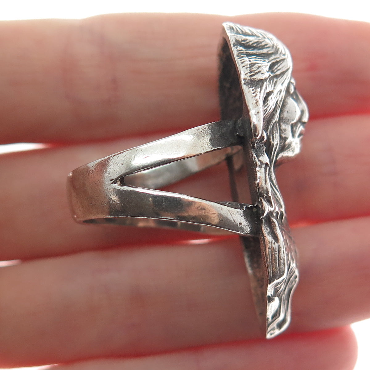 925 Sterling Silver Vintage Indian Chief Statement Oxidized Ring Size 10.5