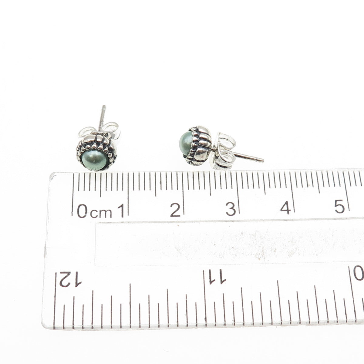 925 Sterling Silver Faux Pearl Oxidized Stud Earrings