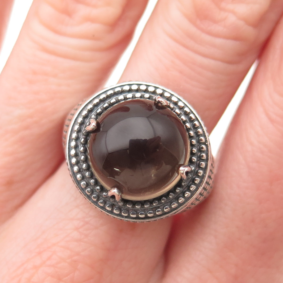 925 Sterling Silver Vintage Real Smoky Quartz Oxidized Dotted Ring Size 9