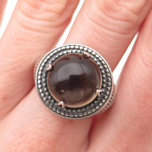 925 Sterling Silver Vintage Real Smoky Quartz Oxidized Dotted Ring Size 9