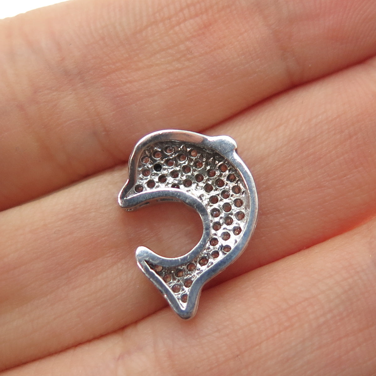925 Sterling Silver Round-Cut Black & White C Z Dolphin Mini Slide Charm Pendant