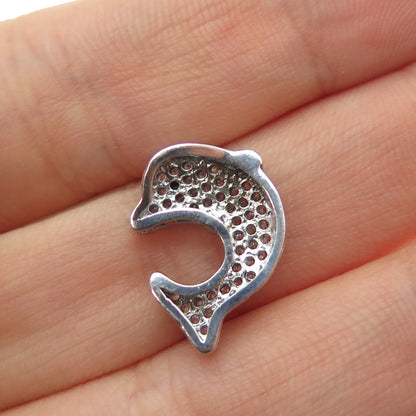 925 Sterling Silver Round-Cut Black & White C Z Dolphin Mini Slide Charm Pendant