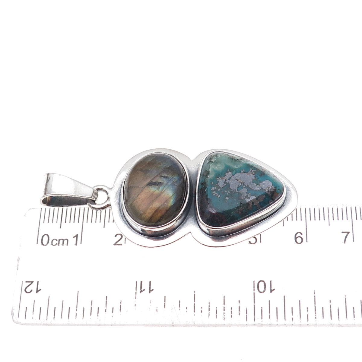 925 Sterling Silver Vintage Real Labradorite & Agate Modernist Oxidized Pendant