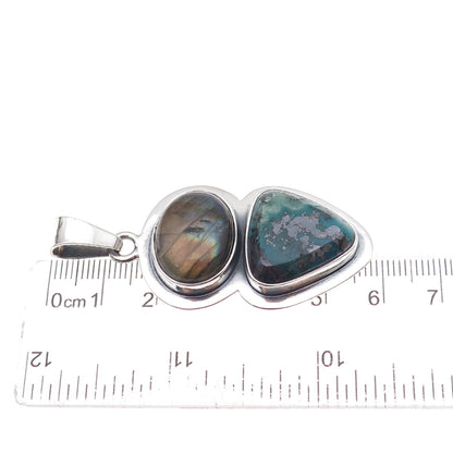 925 Sterling Silver Vintage Real Labradorite & Agate Modernist Oxidized Pendant