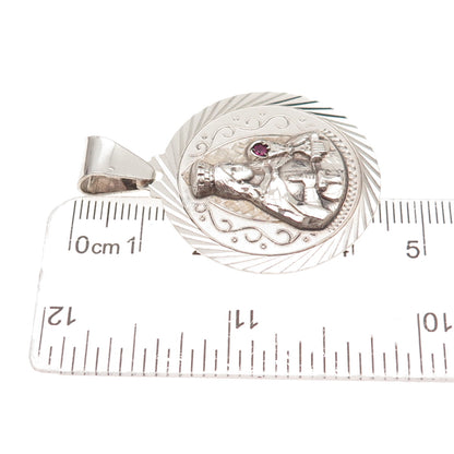 925 Sterling Silver Vintage Real Ruby Saint Barbara Religious Charm Pendant
