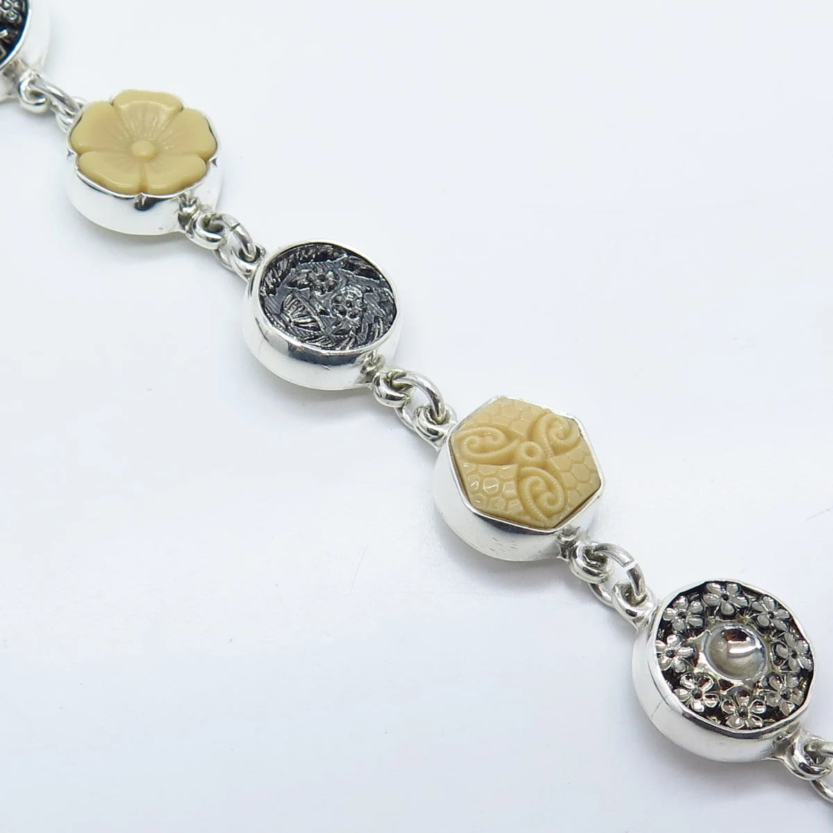 925 Sterling Silver Vintage Carved Ceramic & Glass Round Link Bracelet 6.75"