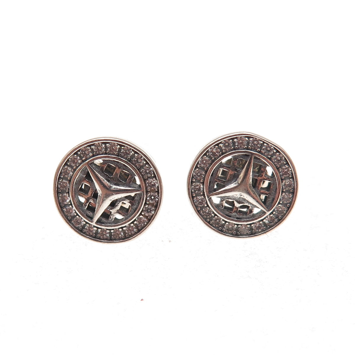 925 Sterling Silver Round-Cut C Z Mercedes-Benz Stud Earrings