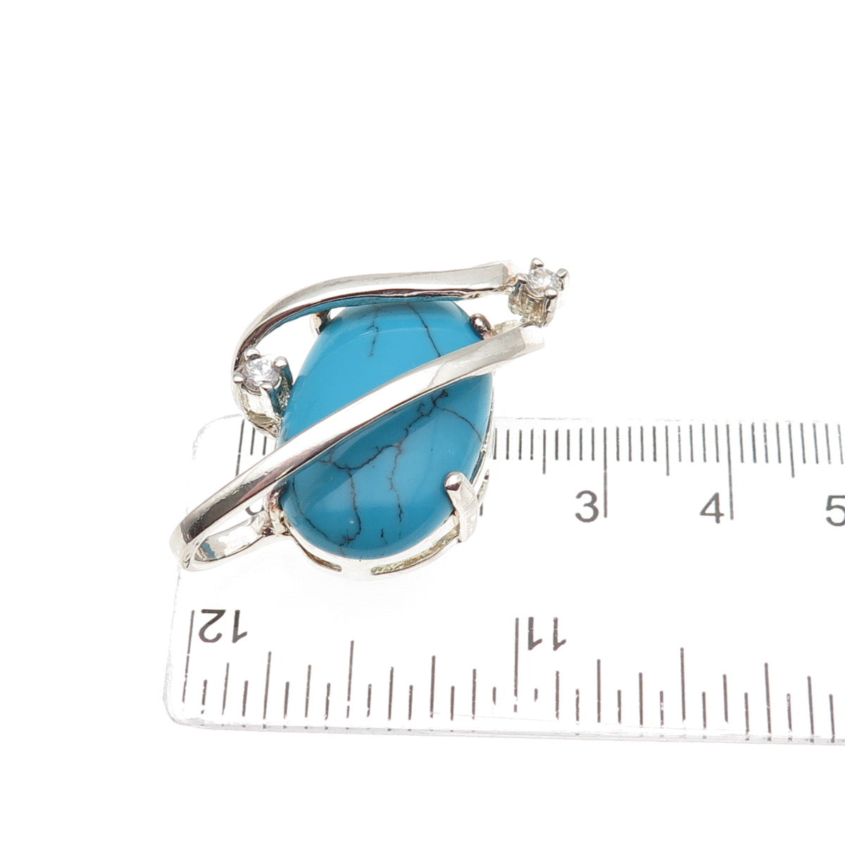 925 Sterling Silver Vintage Real Turquoise & C Z Modernist Slide Pendant