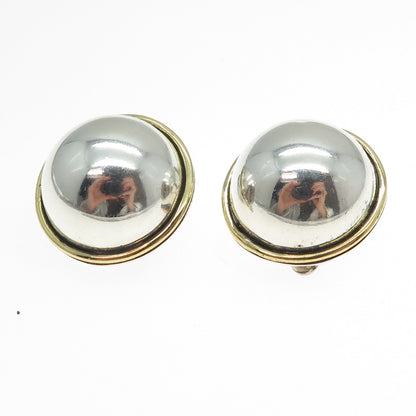 925 Sterling Silver 2-Tone Vintage Mexico Modernist Dome Clip On Earrings