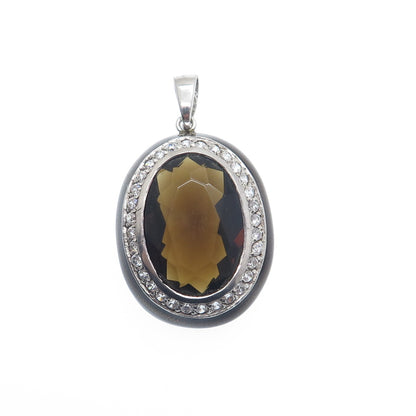 925 Sterling Silver Enamel Real Smoky Quartz & C Z Charm Pendant