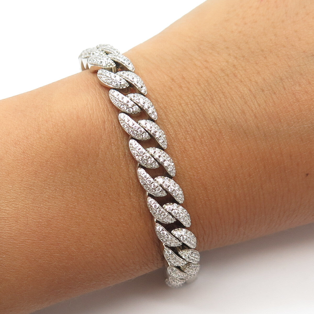 925 Sterling Silver White C Z Curb Link Bracelet 7"