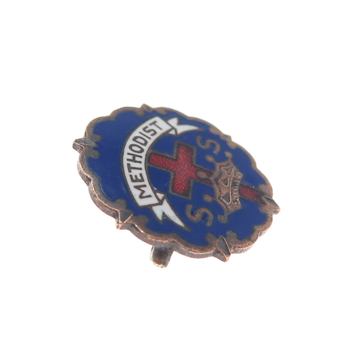 LITTLE SYSTEM CROSS & CROWN Gold Plated Antique Enamel Methodist Cross Brooch