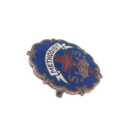 LITTLE SYSTEM CROSS & CROWN Gold Plated Antique Enamel Methodist Cross Brooch