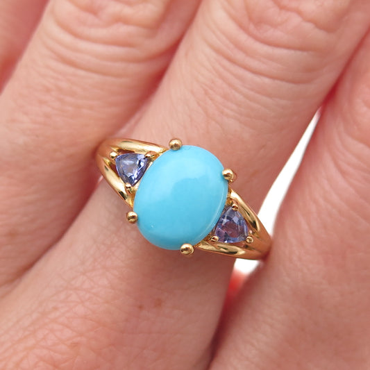 D'Joy 925 Sterling Silver Gold Plated Real Turquoise & Tanzanite Ring Size 8.25