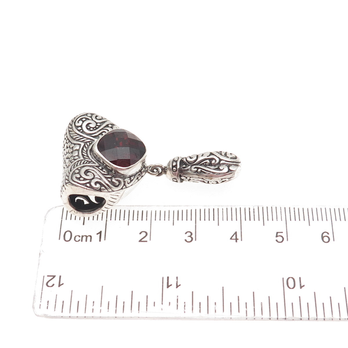 925 Sterling Silver Vintage Real Red Garnet Heart Swirl Slide Pendant