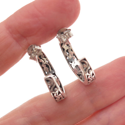 925 Sterling Silver Vintage Floral Scroll Oxidized Hoop Earrings
