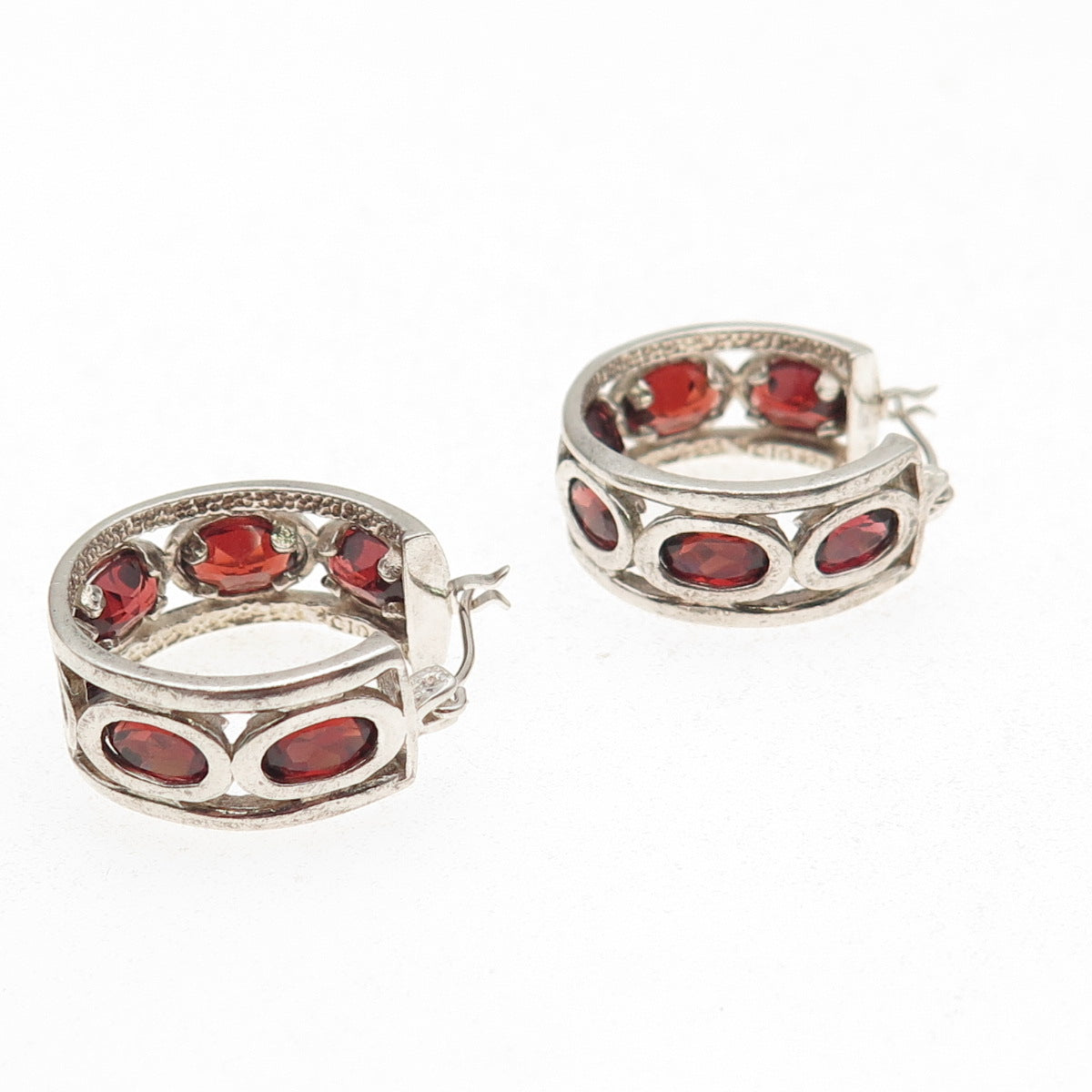 Clyde Duneier Sterling Silver Vintage Real Red Garnet All Around Hoop Earrings