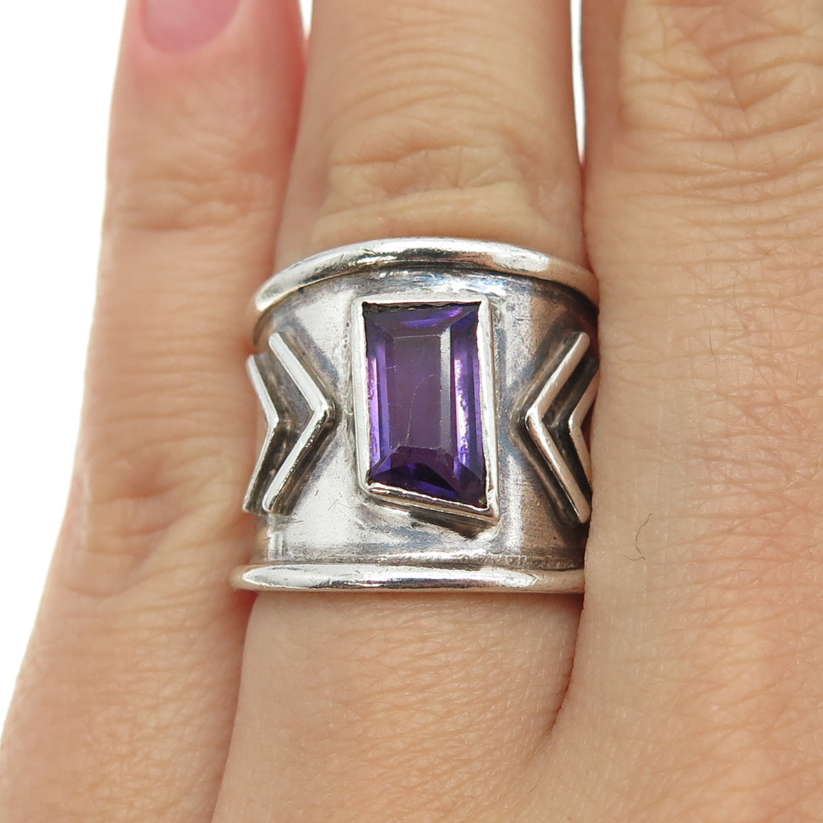 AJR METALS 925 Sterling Silver Vintage Real Amethyst Modernist Arrow Ring Size 6