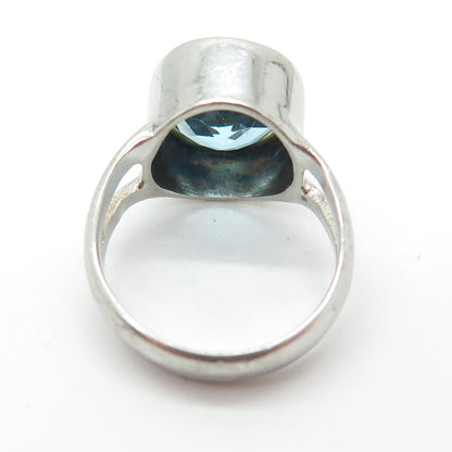 925 Sterling Silver Vintage Real Oval-Cut Blue Topaz Modernist Ring Size 8