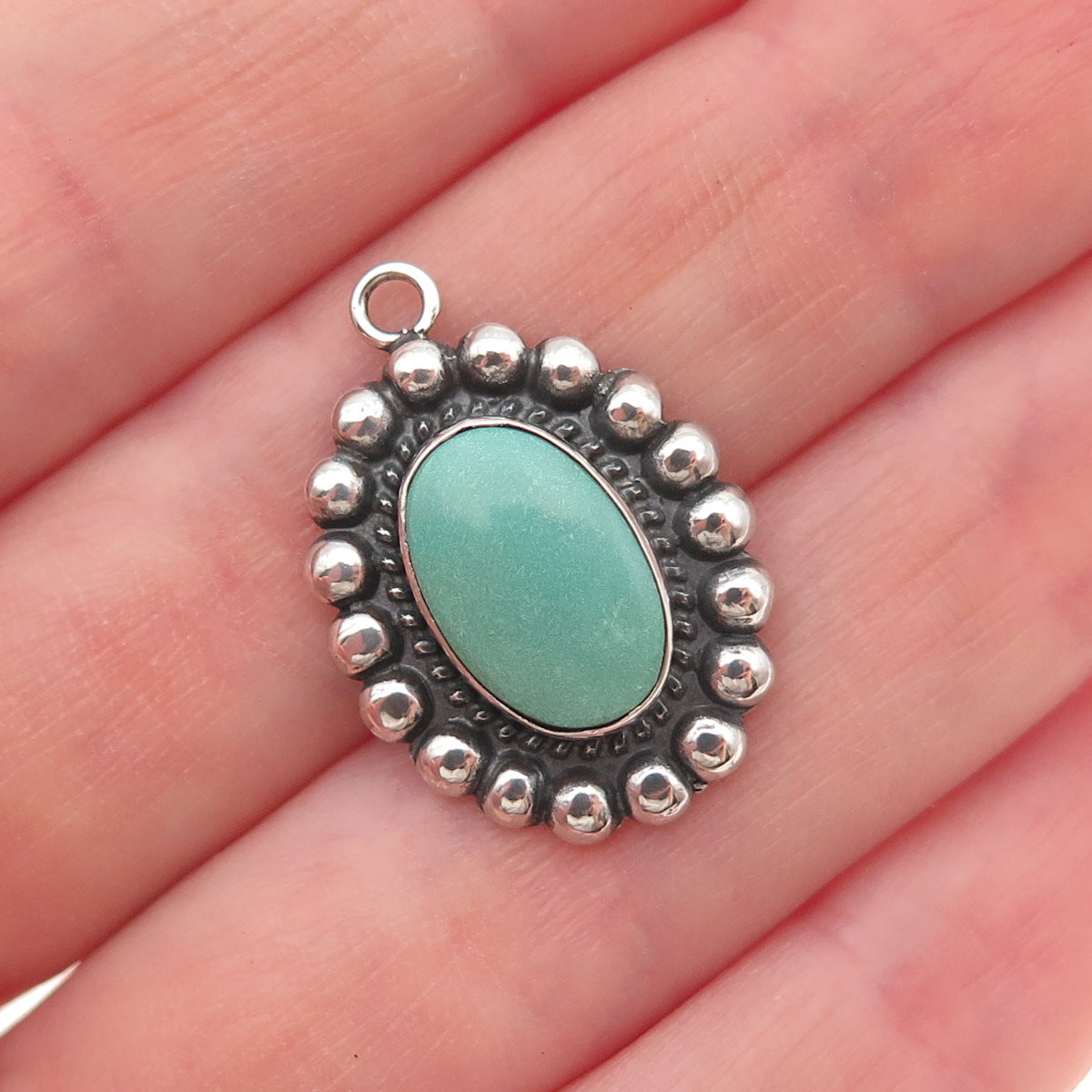 Old Pawn Sterling Silver Vintage Turquoise Floral Beaded Tribal Charm Pendant
