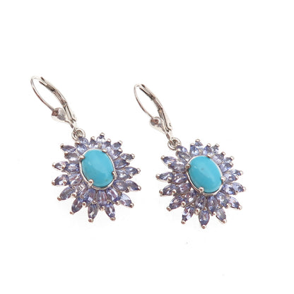 D'Joy Sterling Silver Real Sleeping Beauty Turquoise & Tanzanite Dangle Earrings