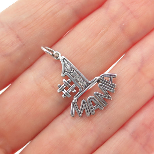 925 Sterling Silver Vintage 1980 #1 Mama Oxidized Minimalist Charm Pendant