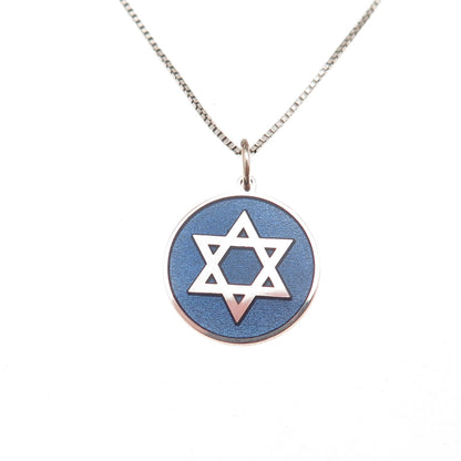 925 Sterling Silver Blue Enamel Star of David Box Chain Necklace 18"