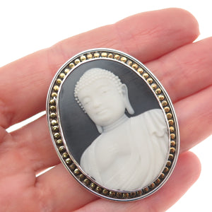 925 Sterling Silver 2-Tone Vintage Ceramic Buddha Cameo Pin Brooch