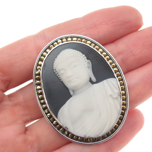 925 Sterling Silver 2-Tone Vintage Ceramic Buddha Cameo Pin Brooch