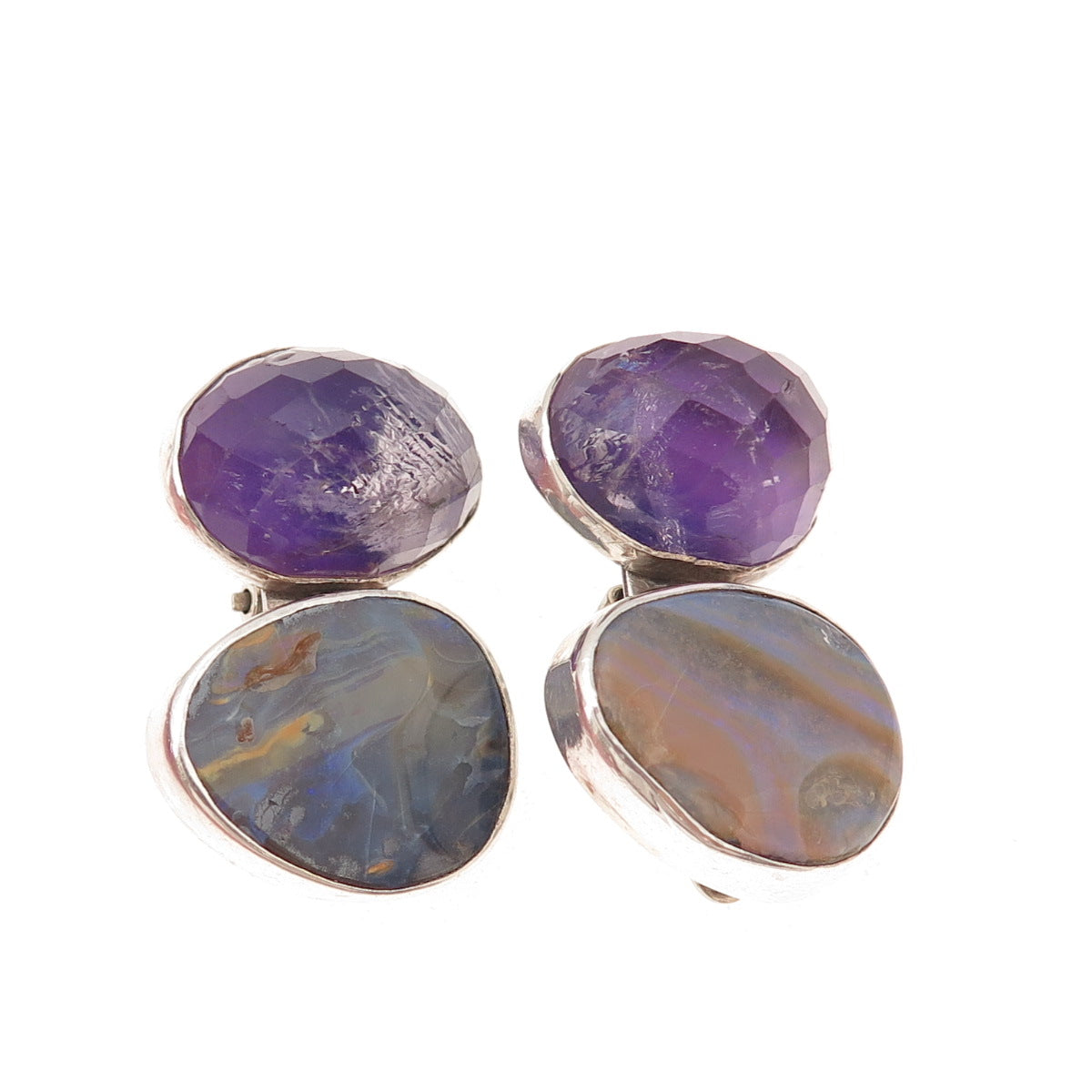 Rebecca Collins 925 Sterling Silver Vintage Real Opal Amethyst Clip On Earrings