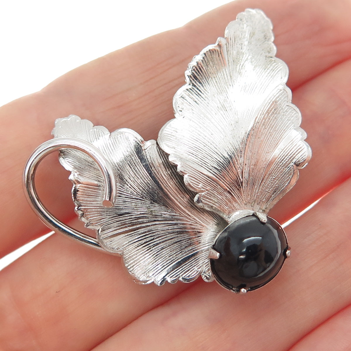 925 Sterling Silver Antique Art Deco Real Black Onyx Floral Leaf Pin Brooch