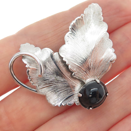 925 Sterling Silver Antique Art Deco Real Black Onyx Floral Leaf Pin Brooch