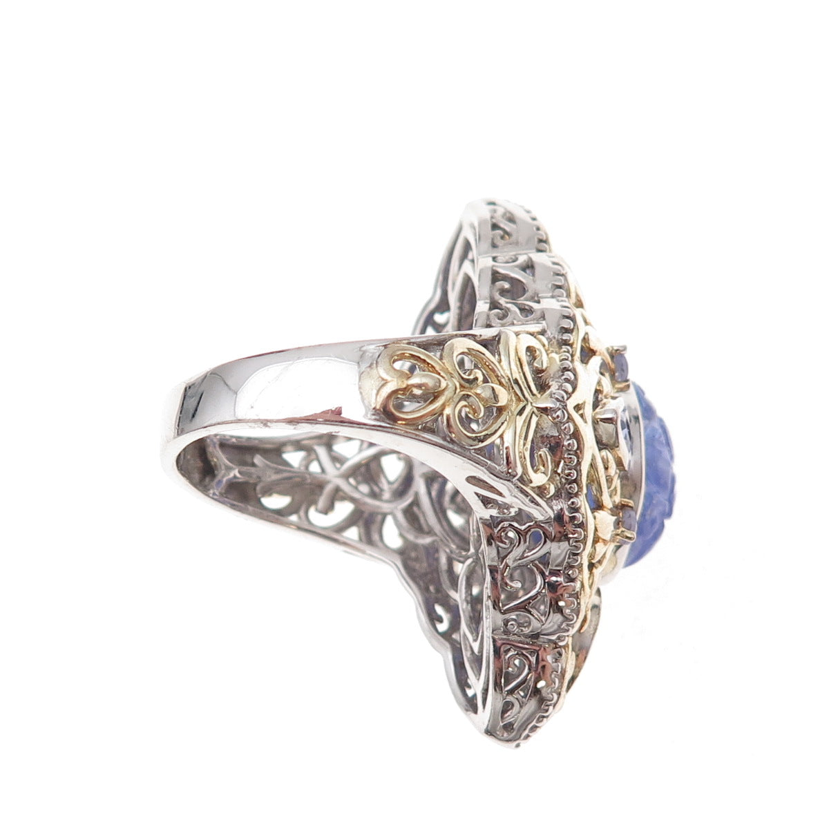 925 Sterling Silver 2-Tone Real Tanzanite Carved Floral Ring Size 8.25