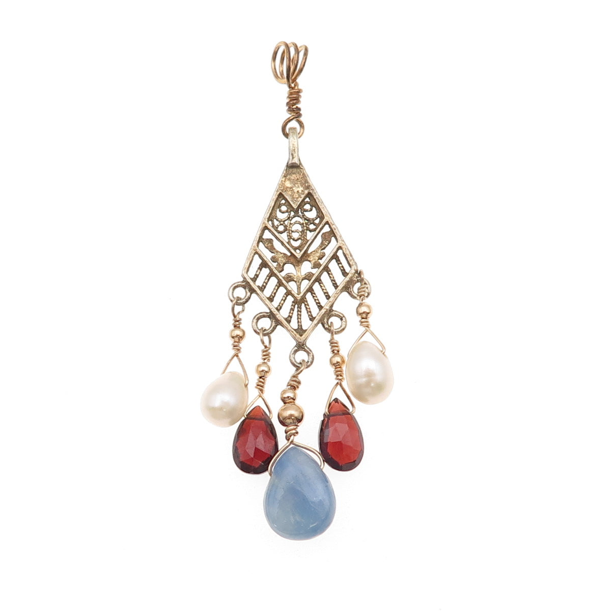 925 Sterling Silver Gold Plated Vintage Real Sapphire Pearl & Red Garnet Pendant