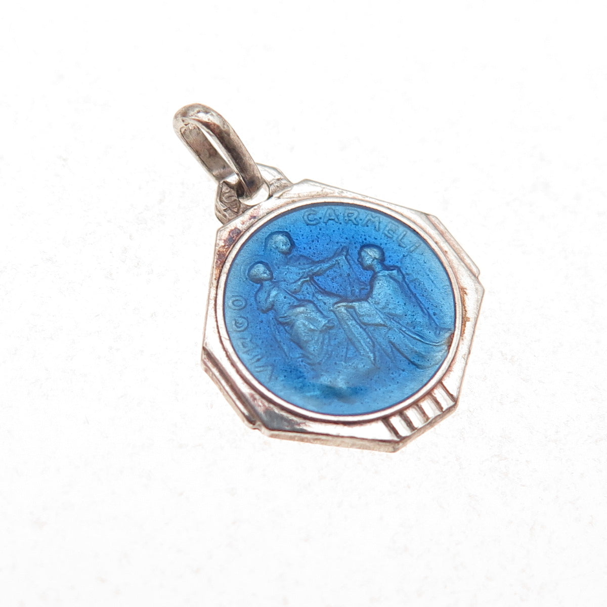 925 Sterling Antique Art Deco France Enamel Our Lady of Mount Carmel Pendant