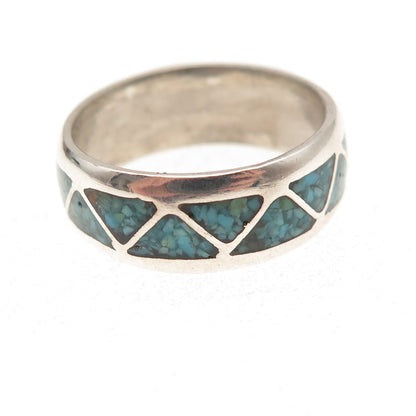 Old Pawn 925 Sterling Silver Vintage Turquoise Inlay Tribal Band Ring Size 9.75