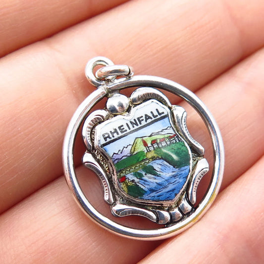 925 Sterling Silver Vintage Colorful Enamel "Rhein Fall" Pendant