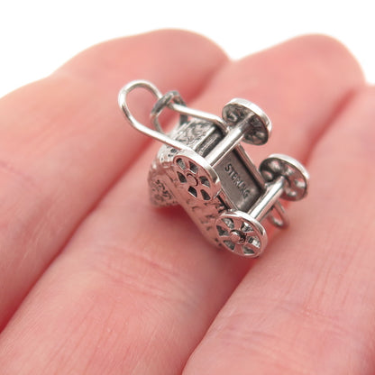 925 Sterling Silver Vintage Baby Stroller Oxidized 3D Mini Charm Pendant