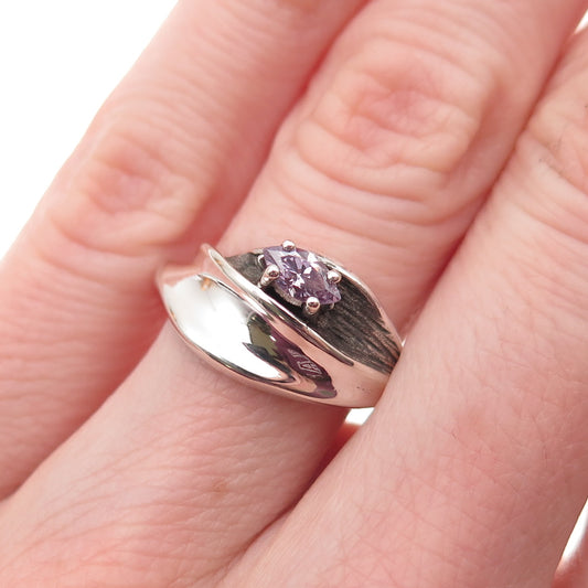 925 Sterling Vintage Marquise-Cut Purple C Z Modernist Oxidized Ring Size 6