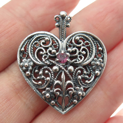 FRANKLIN MINT 925 Sterling Silver Vintage Ruby Gem Heart Ornate Oxidized Pendant