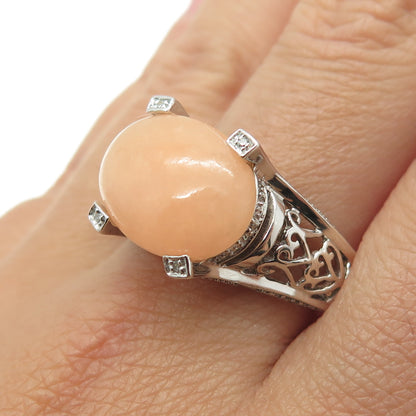 925 Sterling Silver Real Round-Cut Diamond & Peach Jade Heart Ring Size 11