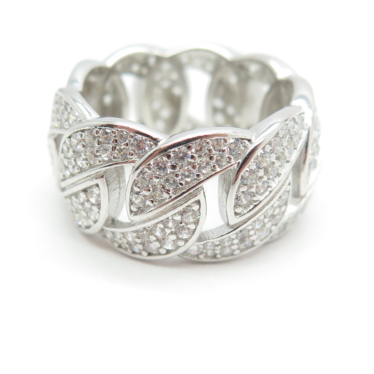 925 Sterling Silver Pave C Z Cuban Chain Band Ring Size 6.75
