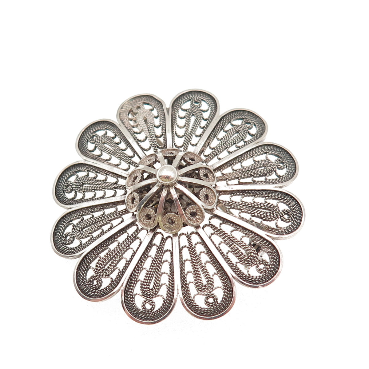 925 Sterling Silver Vintage Israel Floral Filigree Oxidized Handmade Pin Brooch