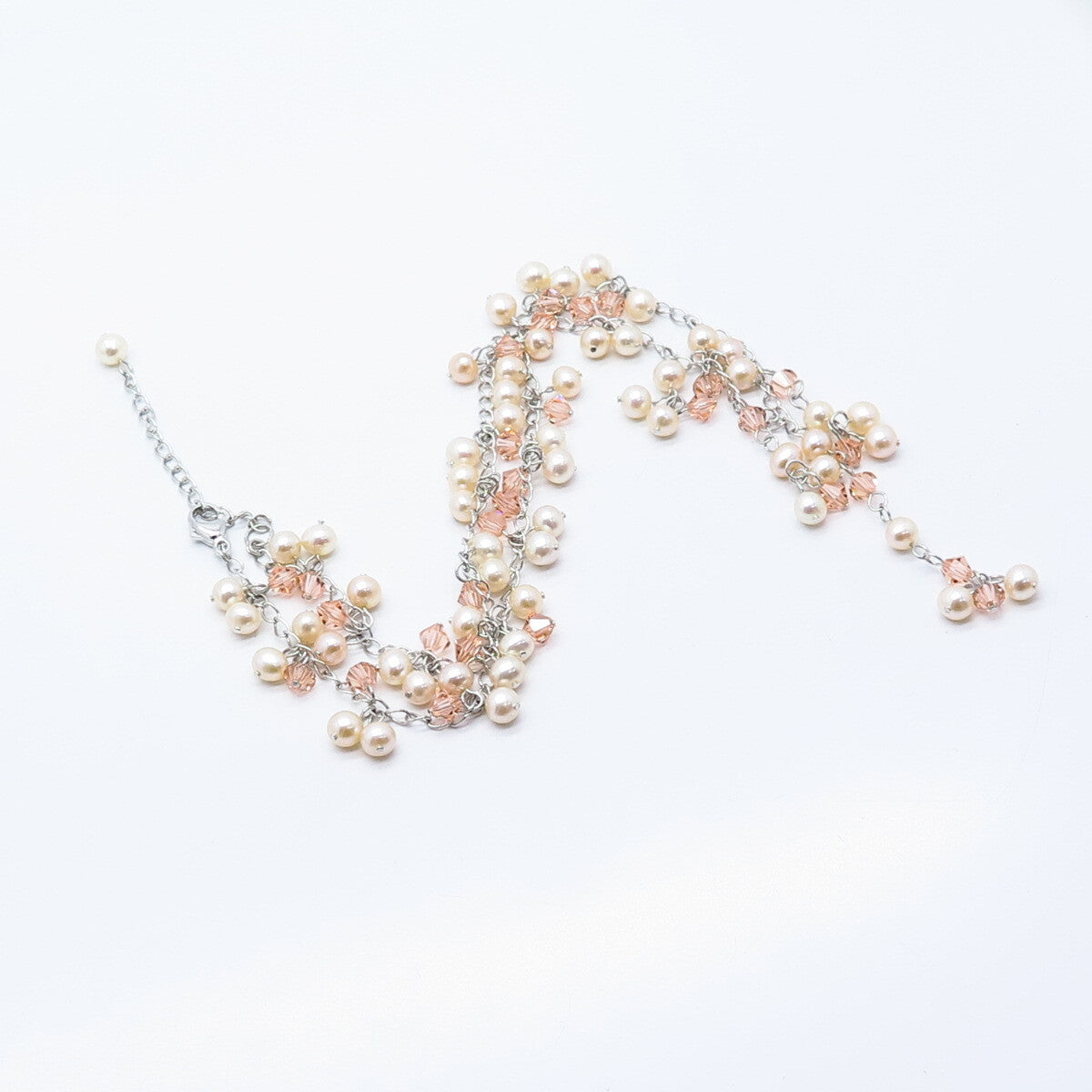 925 Sterling Silver Faux Pearl & Crystal Beaded Chain Necklace 18"