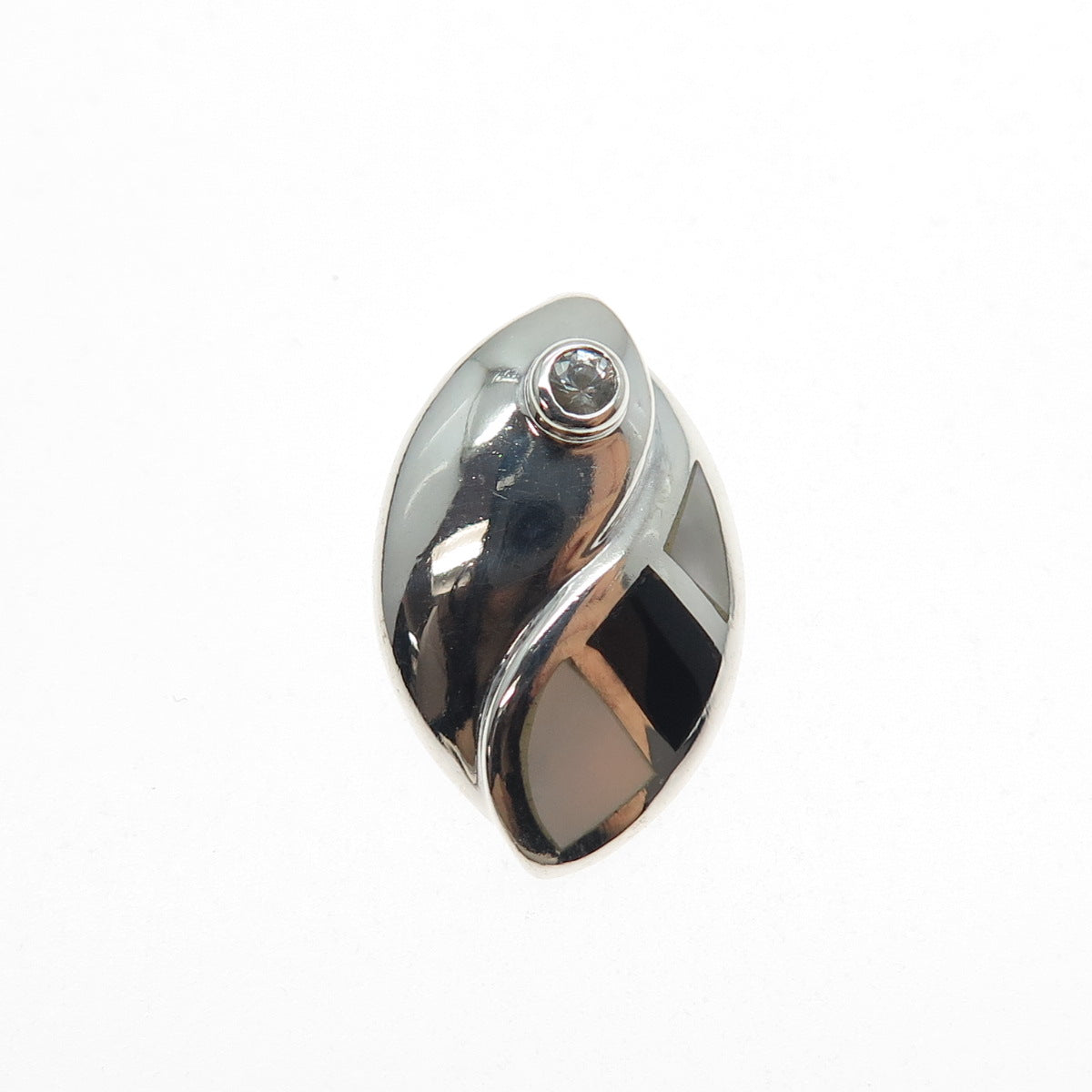 925 Sterling Vintage Real MOP Black Onyx & C Z Petal Mini Slide Charm Pendant