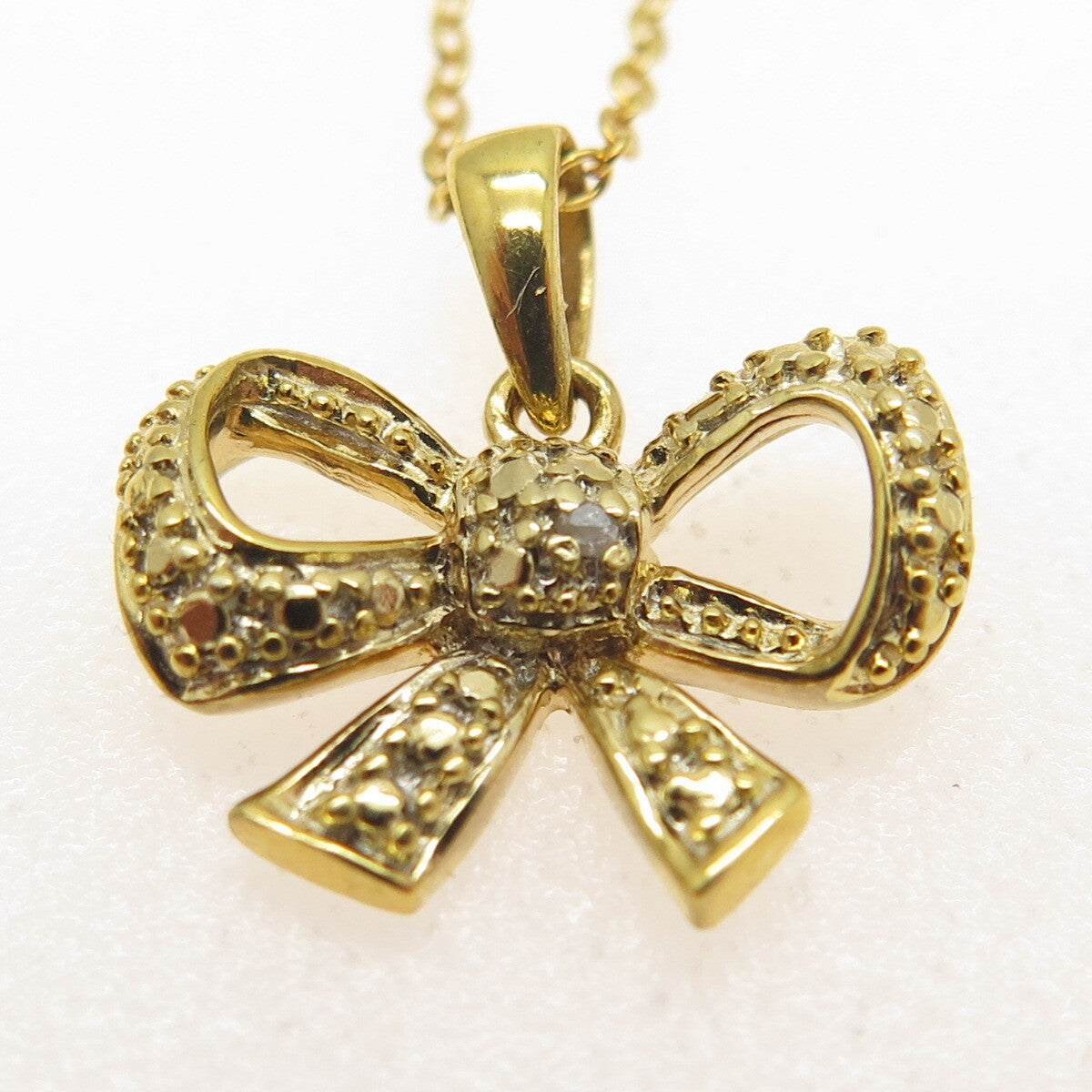 925 Sterling Silver Gold Plated Real Diamond Accent Bow Cable Chain Necklace 18"