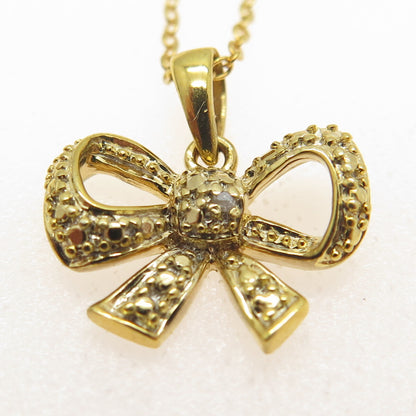 925 Sterling Silver Gold Plated Real Diamond Accent Bow Cable Chain Necklace 18"